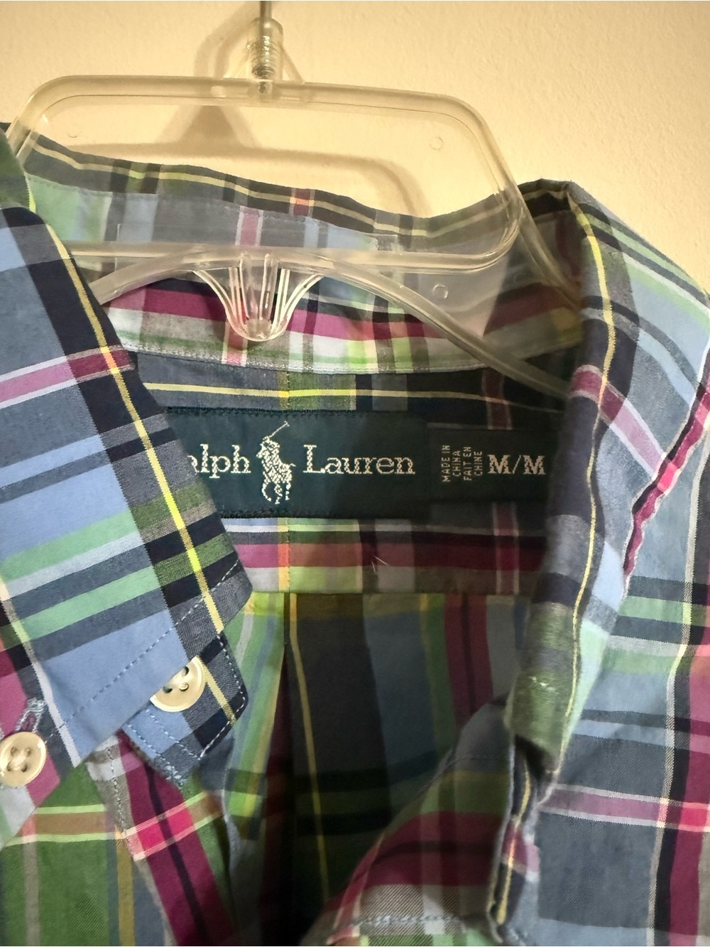 Ralph Lauren-Men M Classic Fit- Blue Green Pink Plaid-Long Sleeve Button Down - Picture 3 of 4